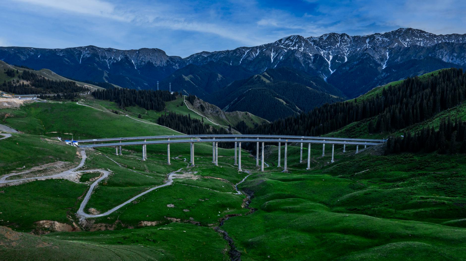 Ili Valley, Xinjiang — Aerial photo of a bridge spanning a lush green valley in Ili, Xinjiang, China, with mountain backdrop.