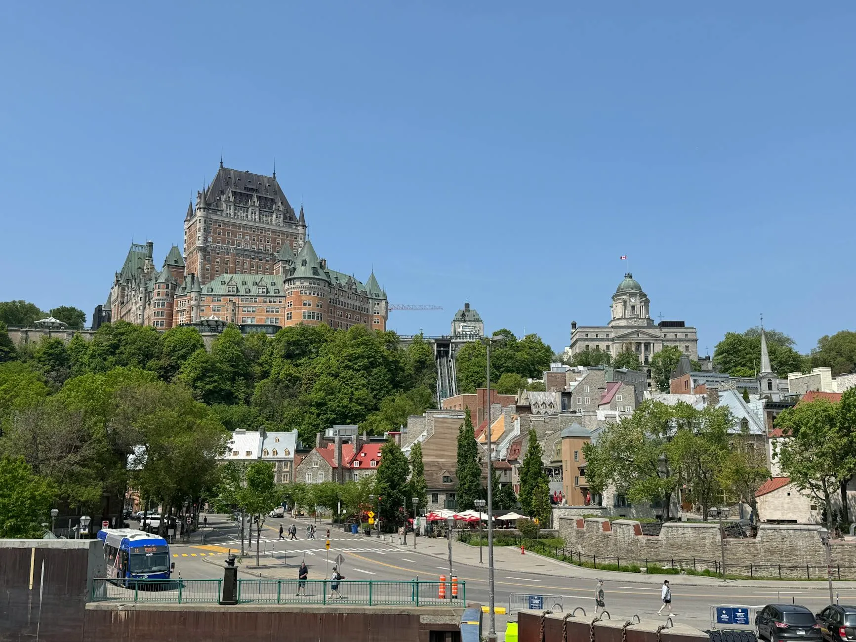Québec City, Canada — Summer view of iconic Chateau Frontenac and historic Old Quebec cityscape.
