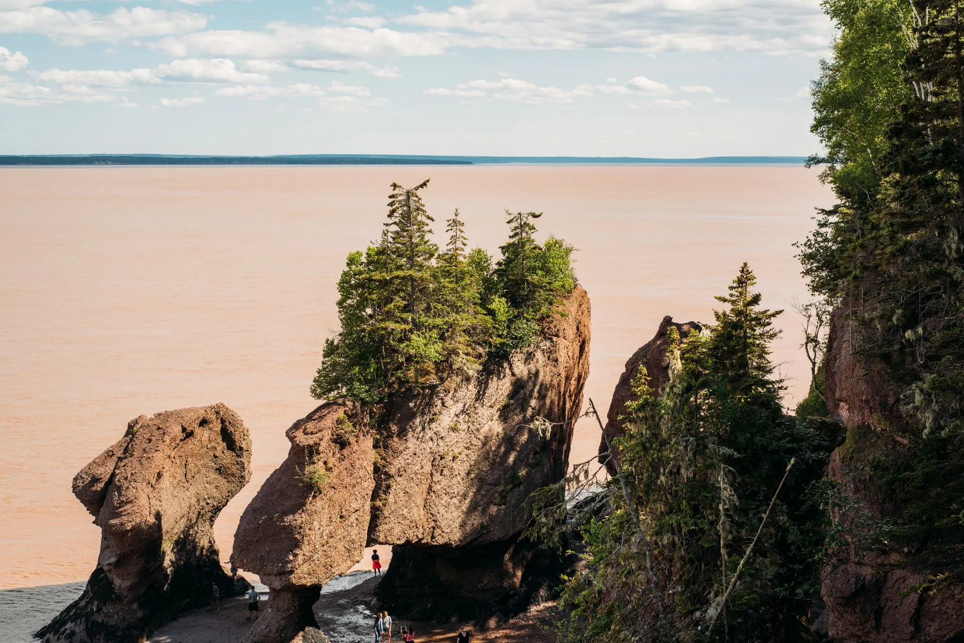Moncton, Canada — Stunning view of Hopewell Rocks at the Bay of Fundy, showcasing majestic rock formations and vibrant green trees under a clear sky.