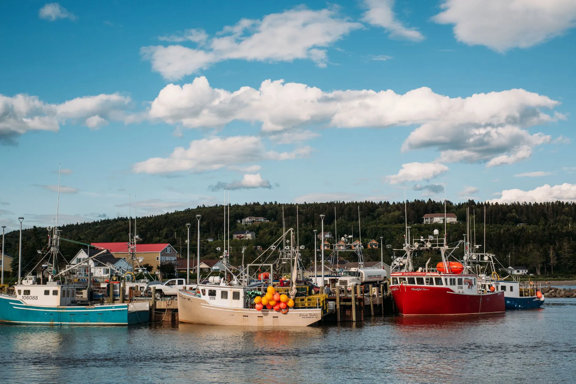 Saint John, Canada — Colorful fishing boats docked in a tranquil harbor in New Brunswick, Canada, on a sunny day.