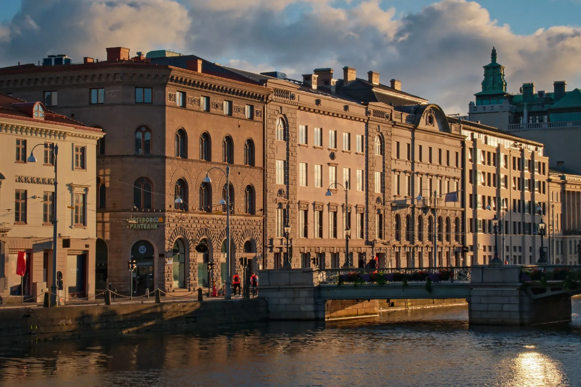 Historic canal-side buildings and bridge in central Gothenburg, Sweden