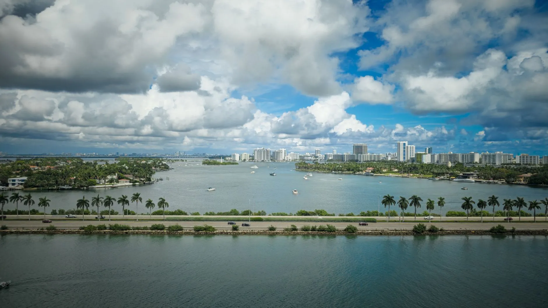 Miami — Biscayne Bay, palm-lined causeway and the Miami skyline by day