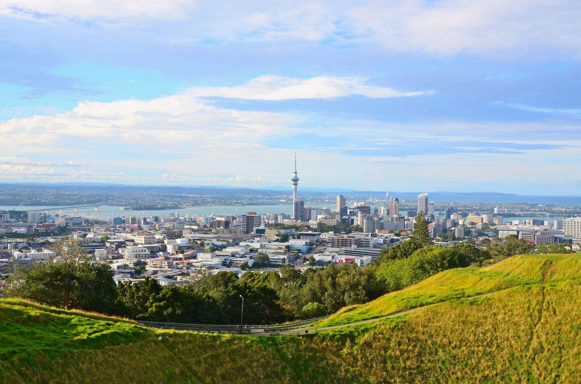 Auckland, the Sky Tower and the harbour seen from Mount Eden