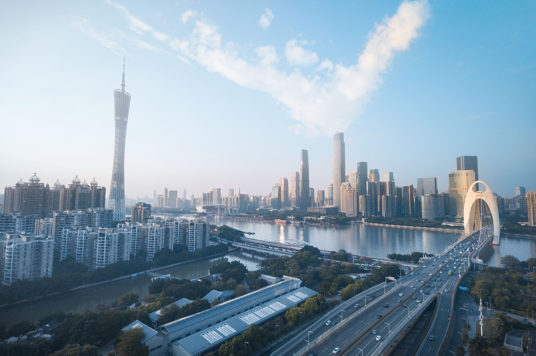 Guangzhou skyline with the Canton Tower and the Pearl River, China