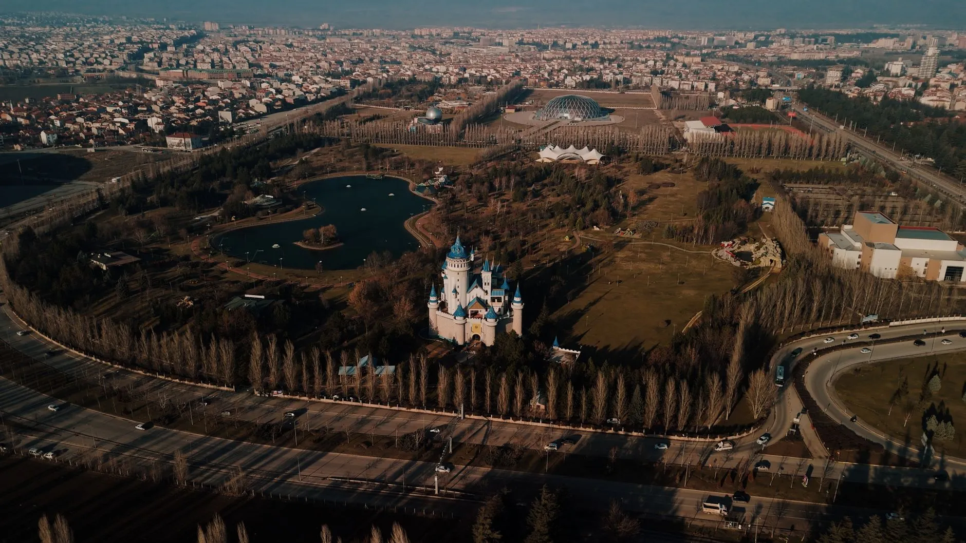 Eskisehir, Turkiye — A stunning aerial view of Sazova Park in Eskişehir featuring a fairytale-themed castle.