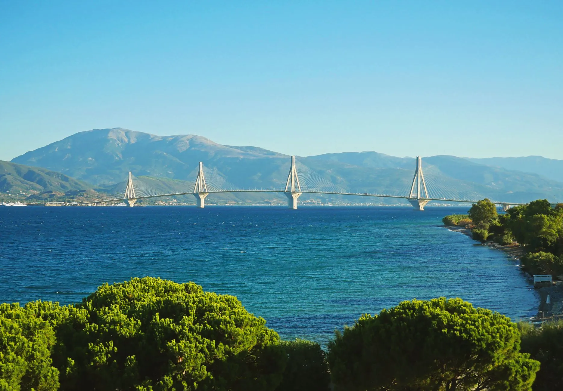 Patras, Greece — View of the Rion-Antirion Bridge over the Gulf of Corinth in Patras, Greece.