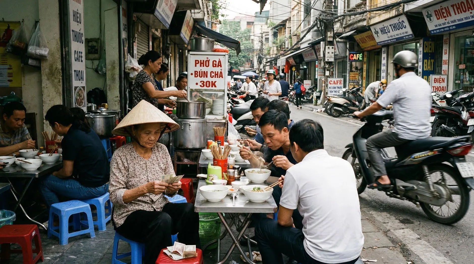 Vibrant street food scene in Hanoi's Old Quarter with locals enjoying Vietnamese cuisine.