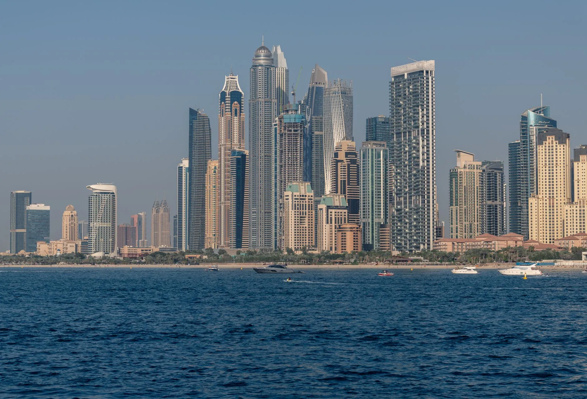 Dubai, UAE — the Marina and JBR skyline seen from the Gulf