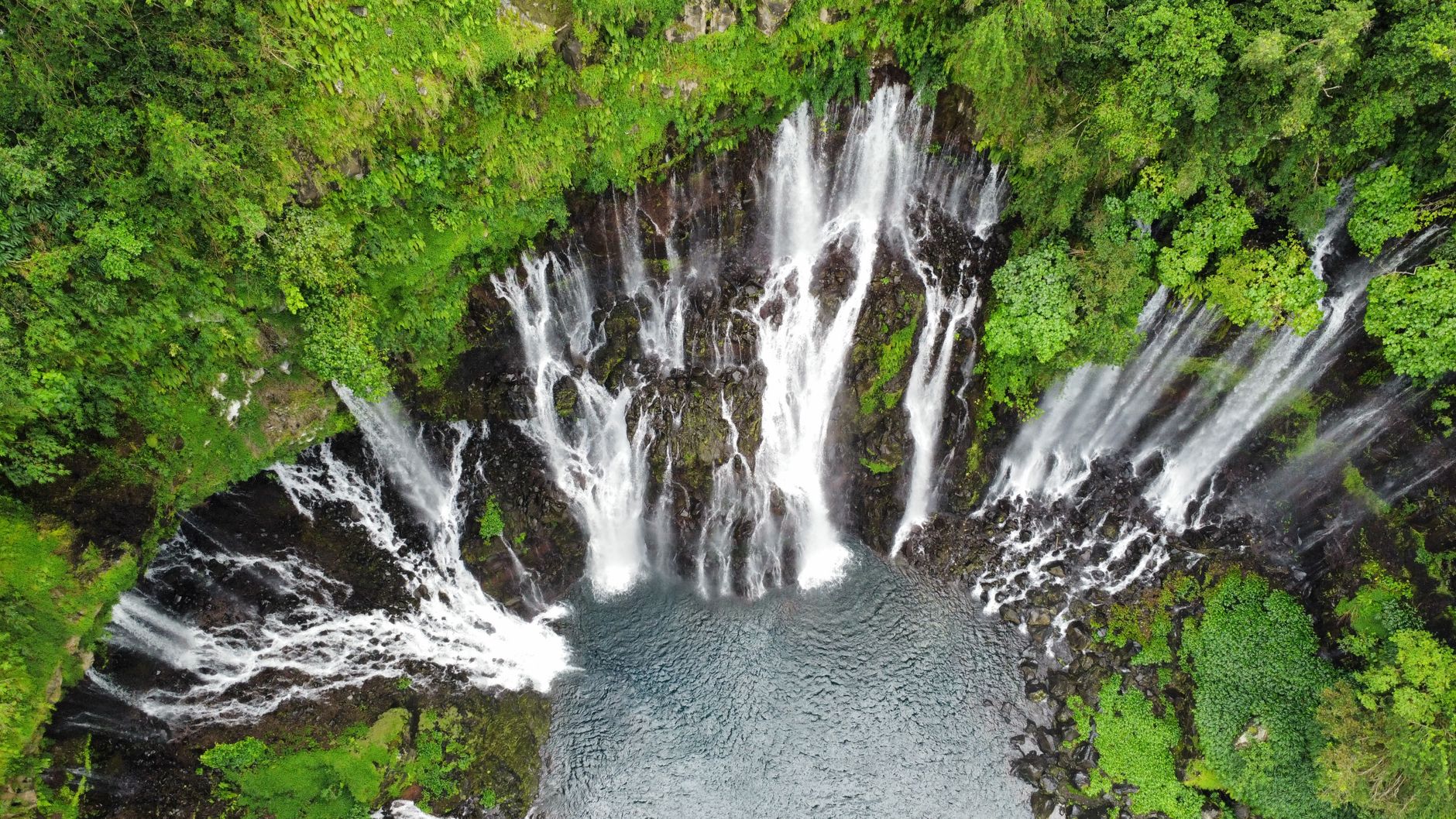 Réunion — Grand Galet Falls (Cascade Langevin) spilling into a pool in dense rainforest