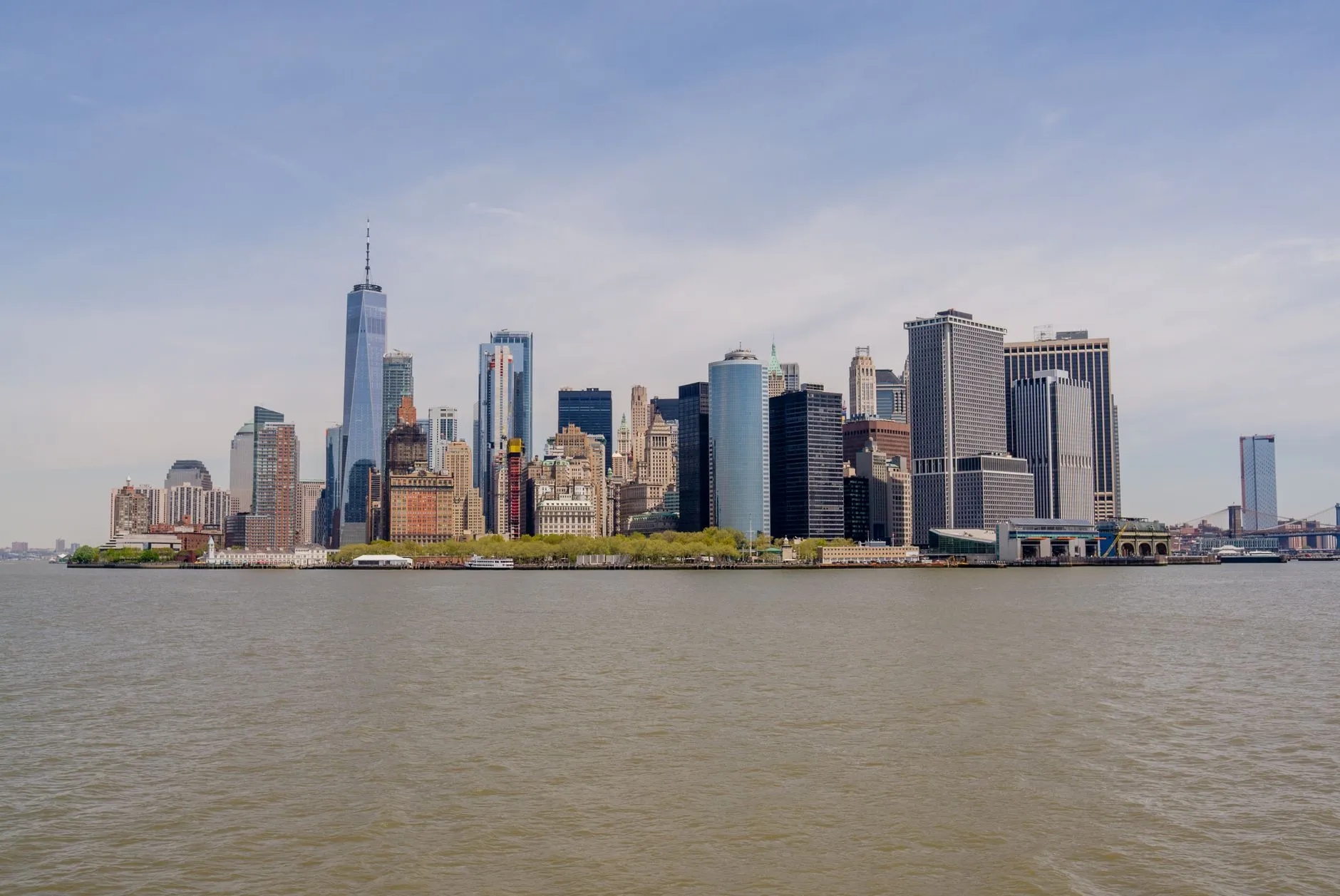 Lower Manhattan skyline seen from New York Harbor on a clear day