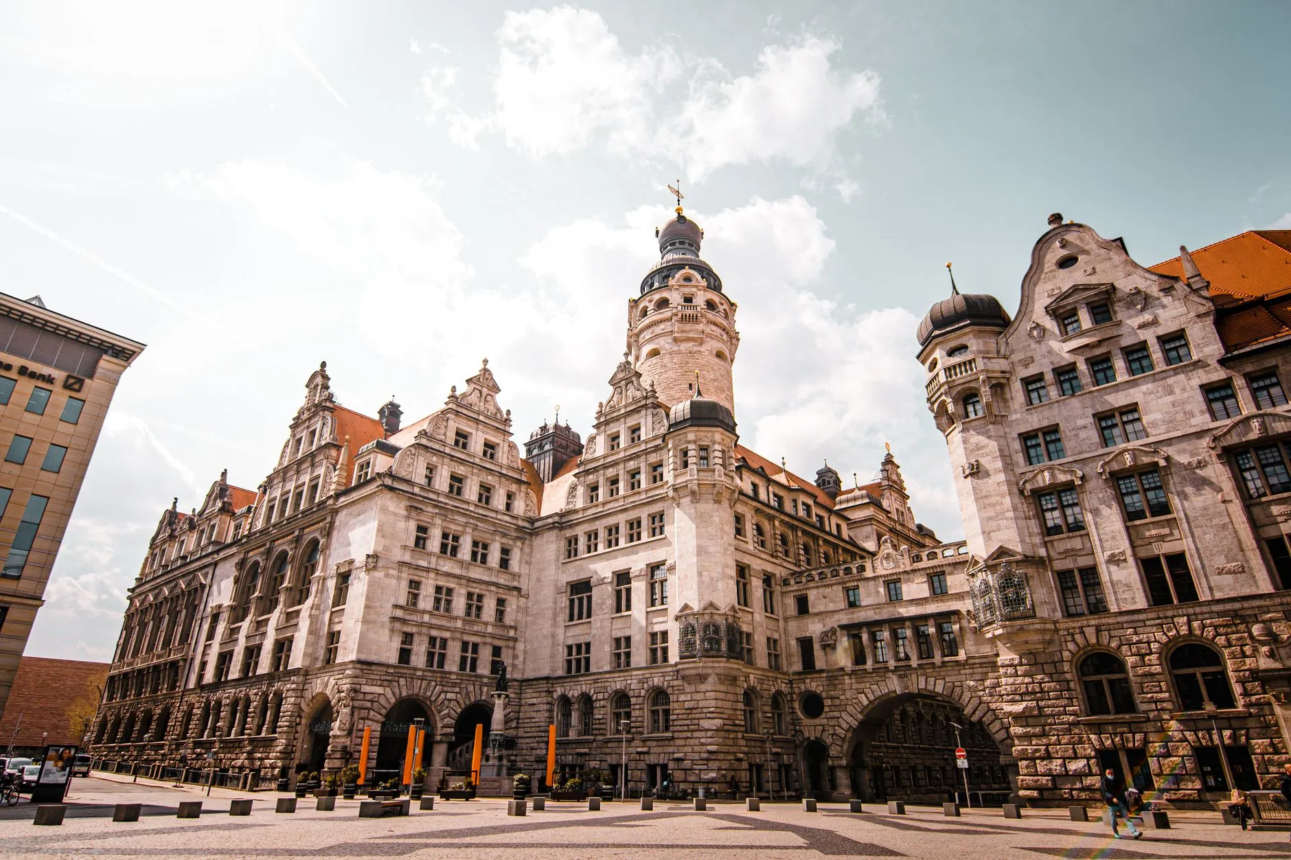 Leipzig, Germany — View of the historic New City Hall in Leipzig, showcasing its grandeur and architectural elegance.