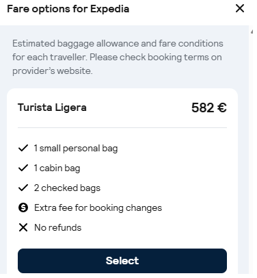 Skyscanner fare options for Expedia showing 2 checked bags included at €582