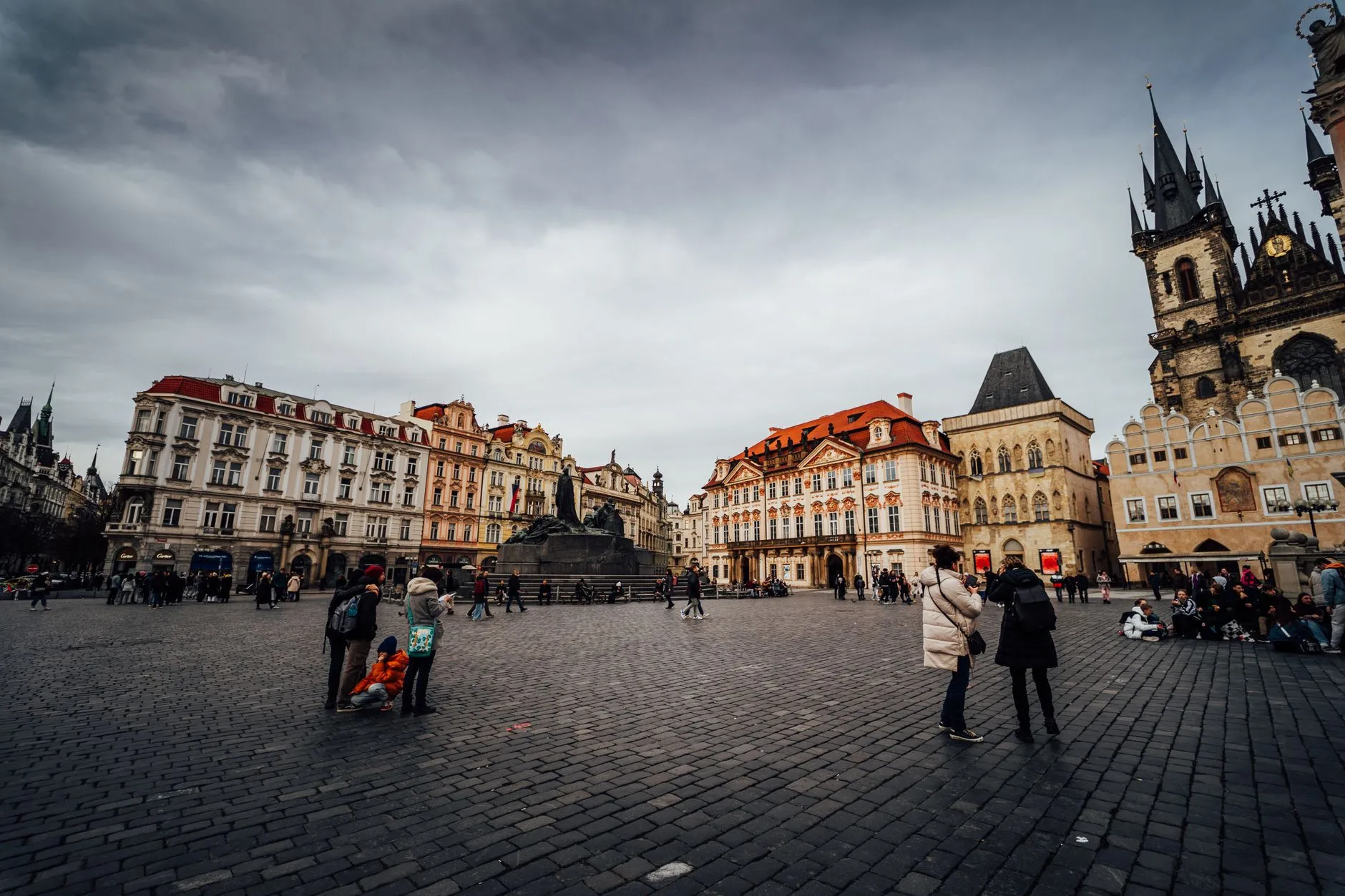 Prague, Czechia — Old Town Square, Tyn Church and the Jan Hus monument
