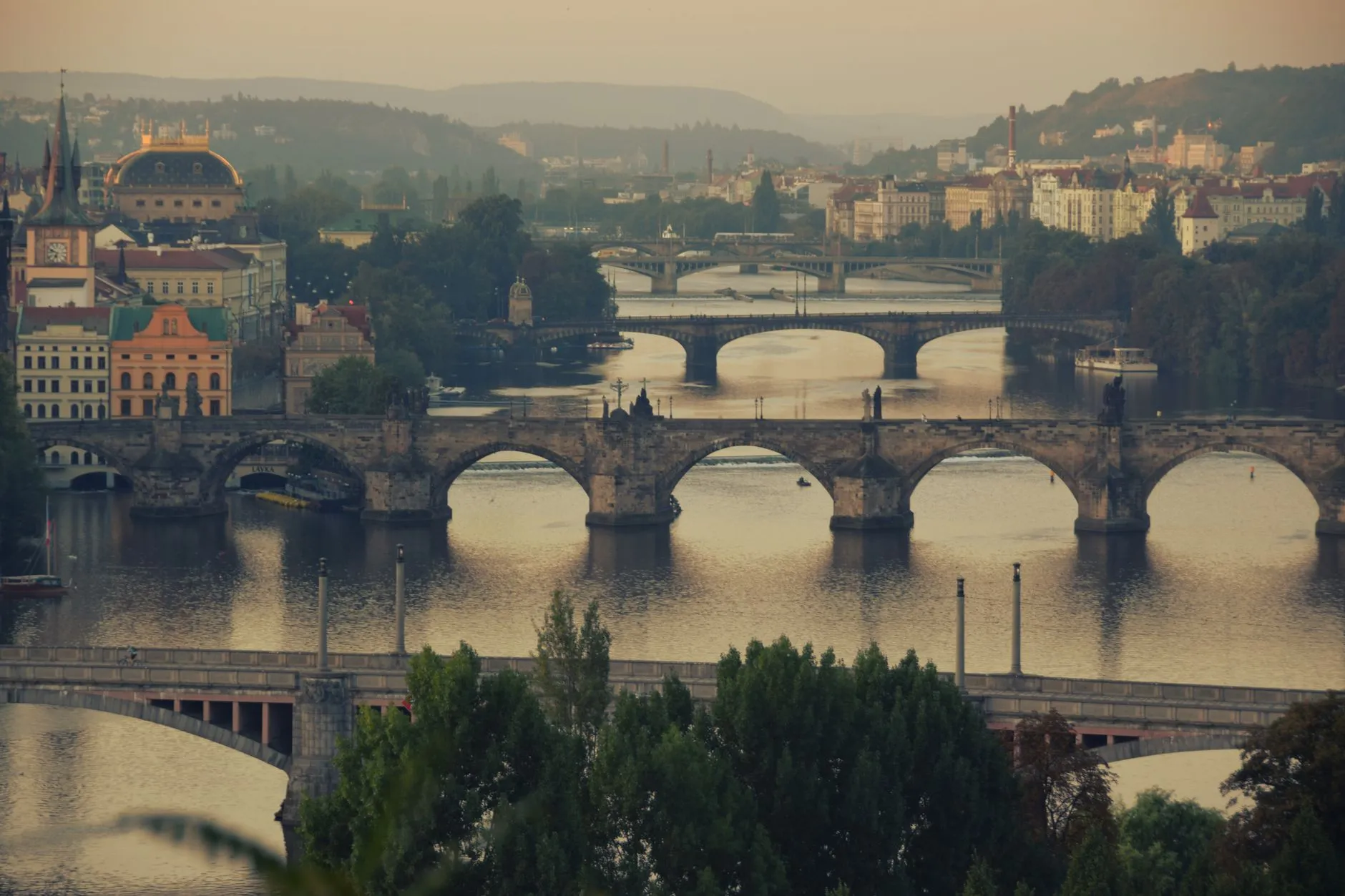 Prague, Czechia — the Vltava bridges and Charles Bridge from Letna