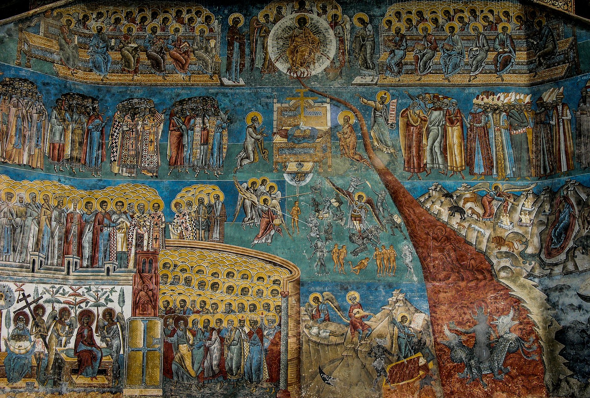 Bucovina, Romania — Detailed medieval frescoes at Voroneț Monastery, Romania