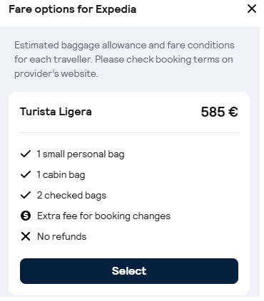 Skyscanner fare options for Expedia showing 2 checked bags included