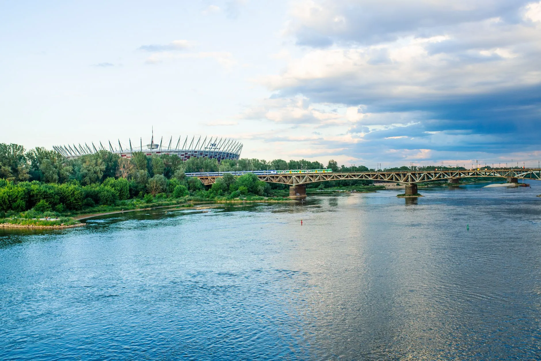 Warsaw Modlin, Poland — View of the National Stadium and bridge over the Vistula River in Warsaw, Poland.