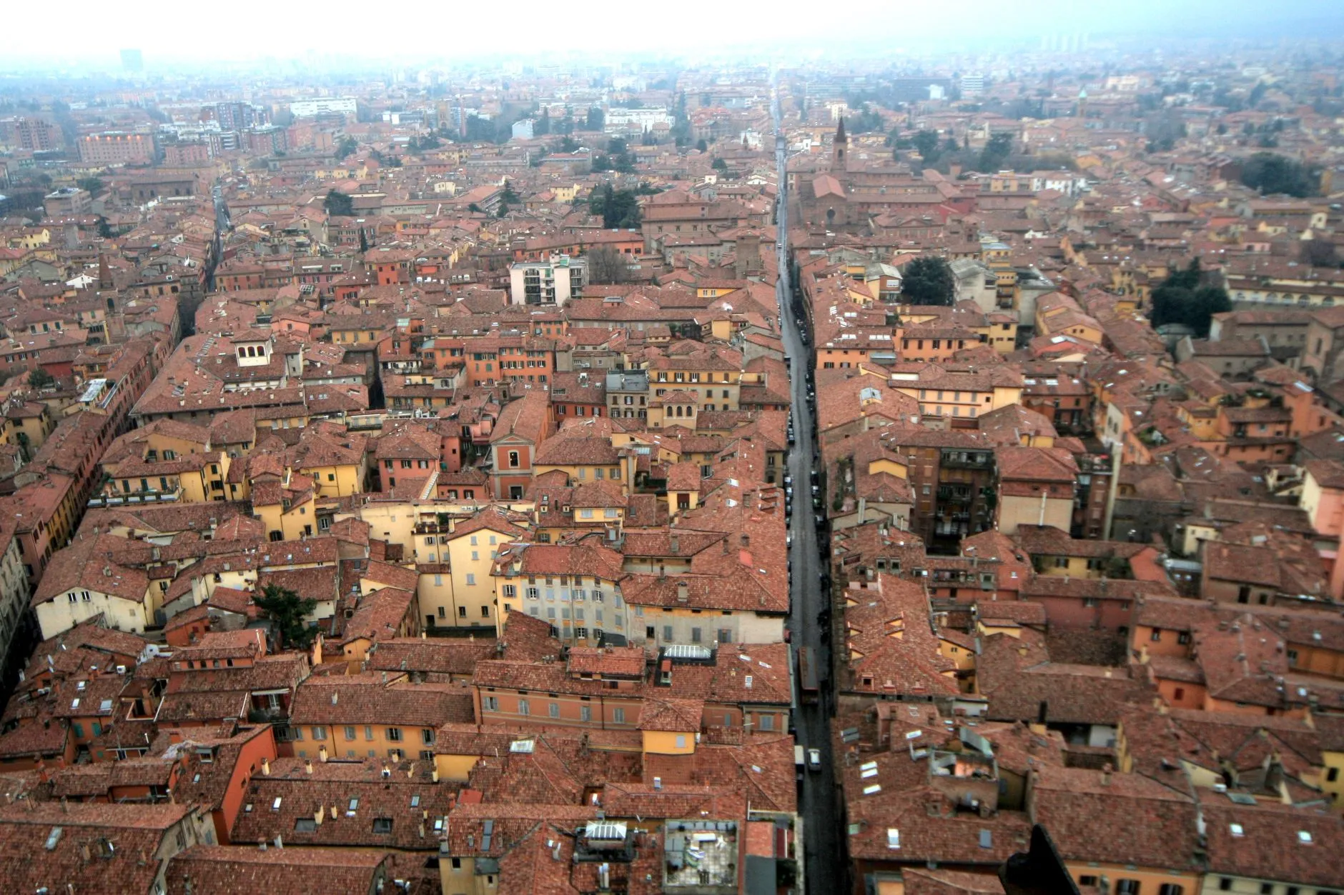 Bologna, Italy — red-tiled rooftops of the medieval centre from above