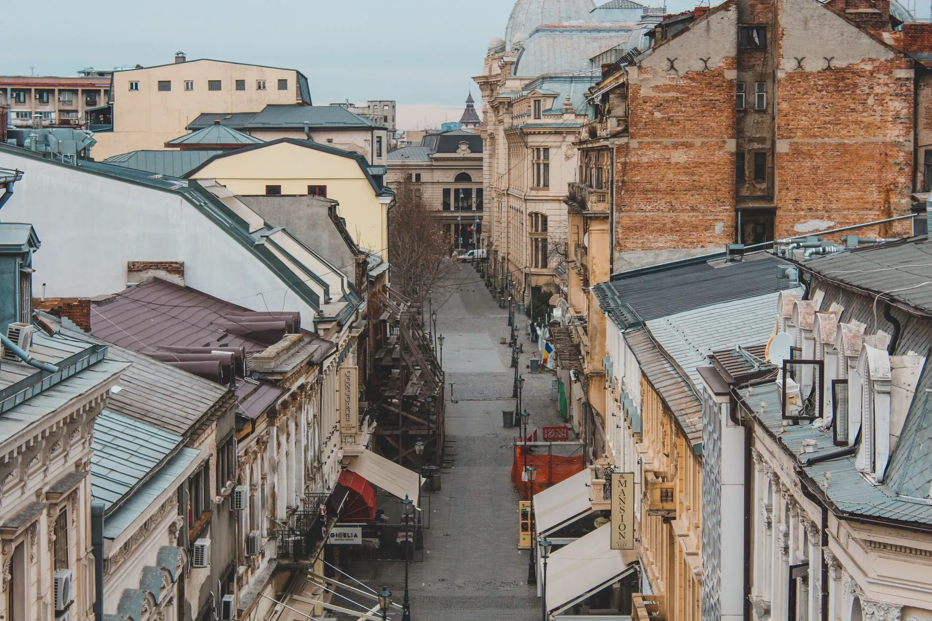 Bucharest, Romania — an old-town street and rooftops from above
