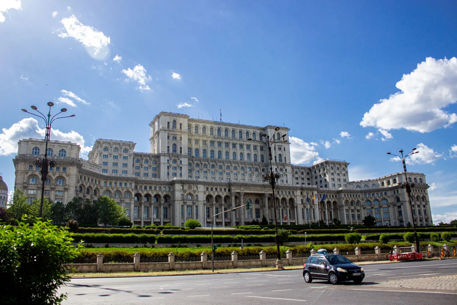 Bucharest, Romania — the Palace of the Parliament under a blue sky