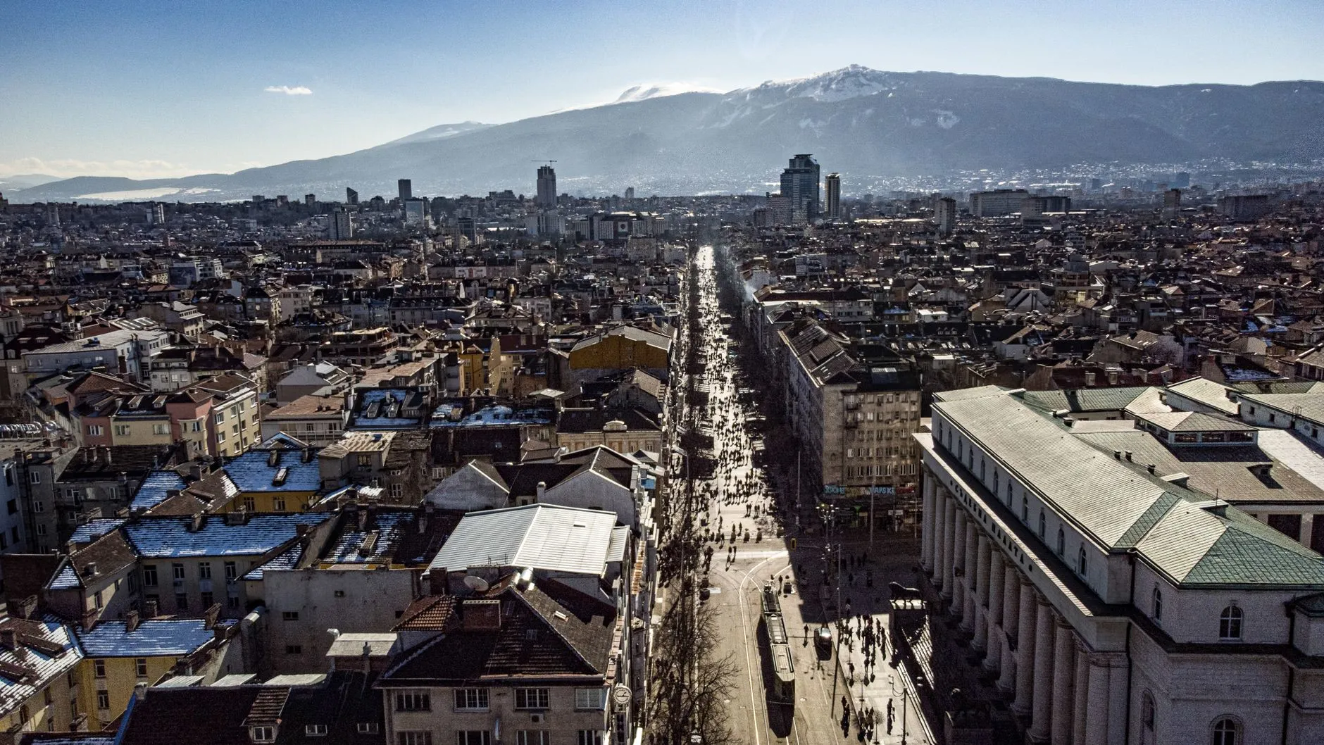 Sofia, Bulgaria — the city centre with snow-capped Vitosha mountain behind
